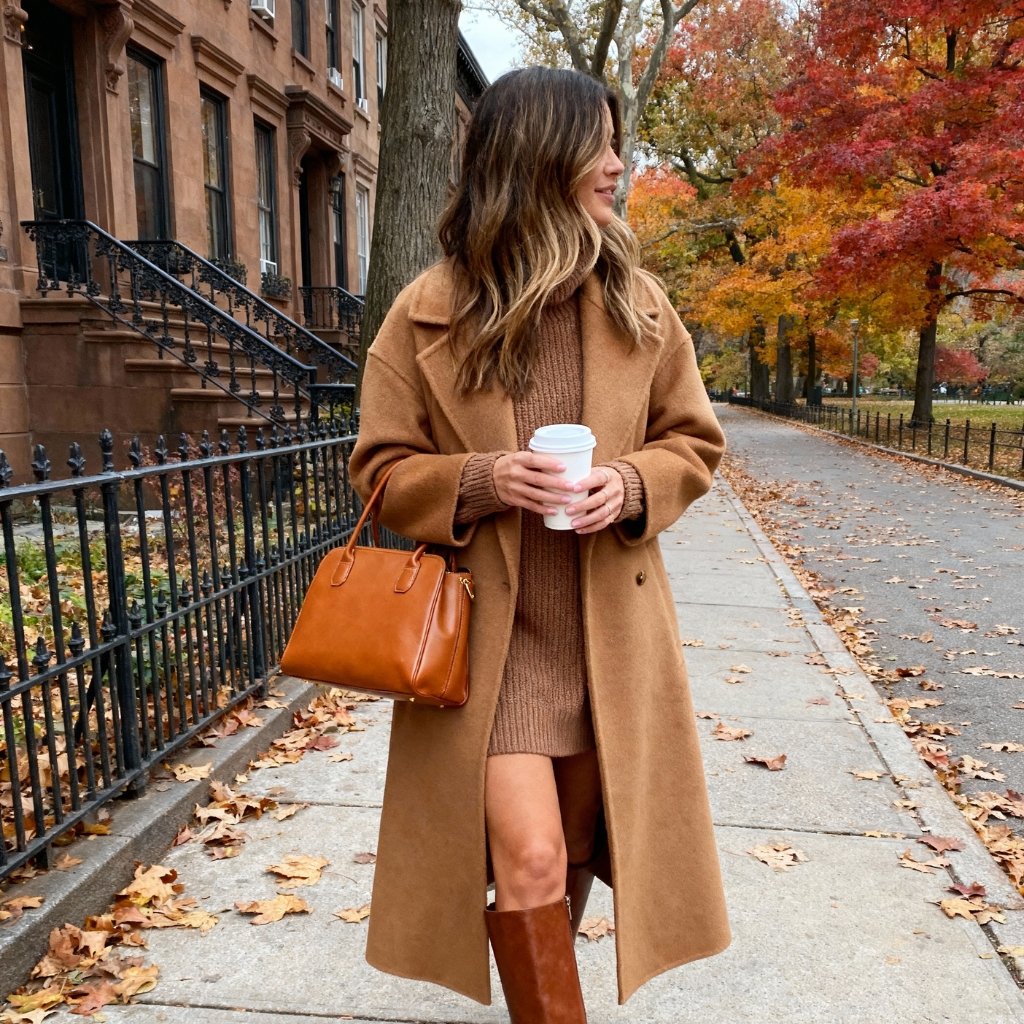 A woman walks along a fall street wearing a long camel coat, brown knit dress, tall brown boots, and carries a tan handbag while holding a white cup. fallen leaves on the sidewalk and colorful autumn trees in the background. The types of overcoat.