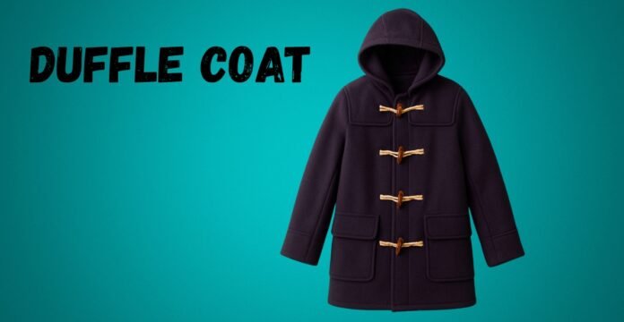 Dark navy duffle coat with wooden toggles on a turquoise background.