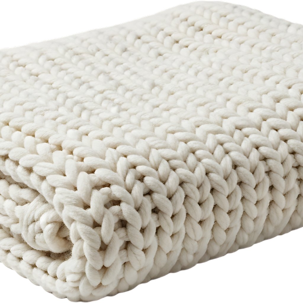 A close-up view of a chunky cream-colored knitted blanket made from thick yarn, showing large interwoven stitches and a soft, plush texture  _Durability and Longevity