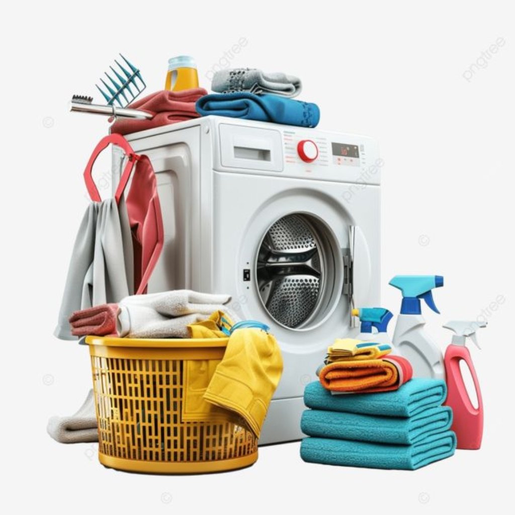 Front-loading washing machine surrounded by laundry items, detergent sprays, folded towels, and a laundry basket overflowing with clothes