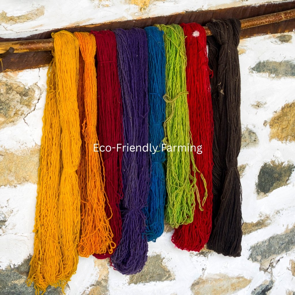 Hanging skeins of colorful yarn in warm tones against a white stone wall. Eco-Friendly Farming