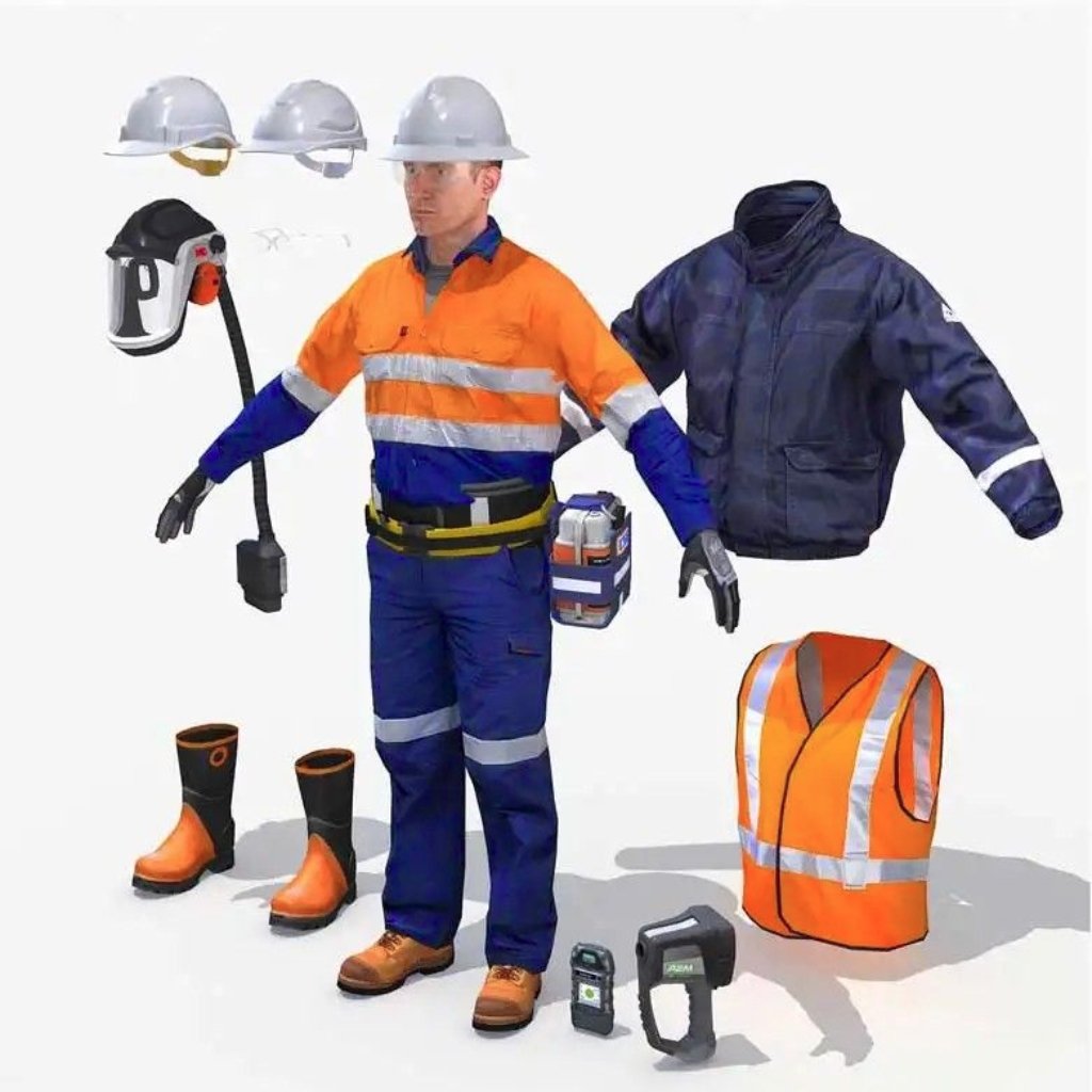 A full set of construction safety gear: a worker in a high-visibility orange and blue reflective suit with a tool belt, white hard hats (three shown), safety gloves, protective boots, a blue insulated jacket with reflective stripes, an orange reflective safety vest, a respirator/face shield, a pair of hand-held devices, and additional gear including a headlamp and a compact device on the ground. The items are arranged around the central figure on a light background.