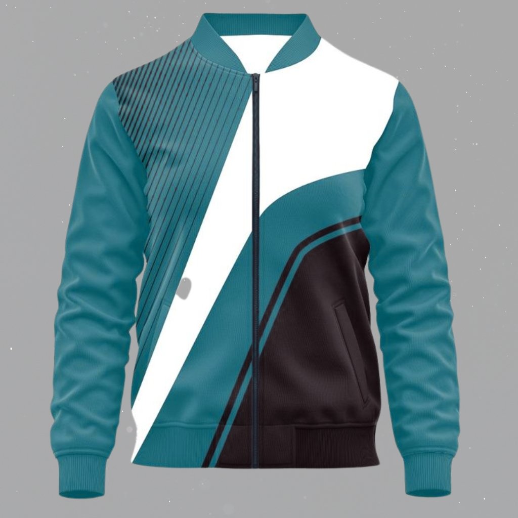 A stylish color-block bomber jacket with teal sleeves and teal and black geometric patterns, featuring a white diagonal stripe on the front and a zipper down the center against a gray background.