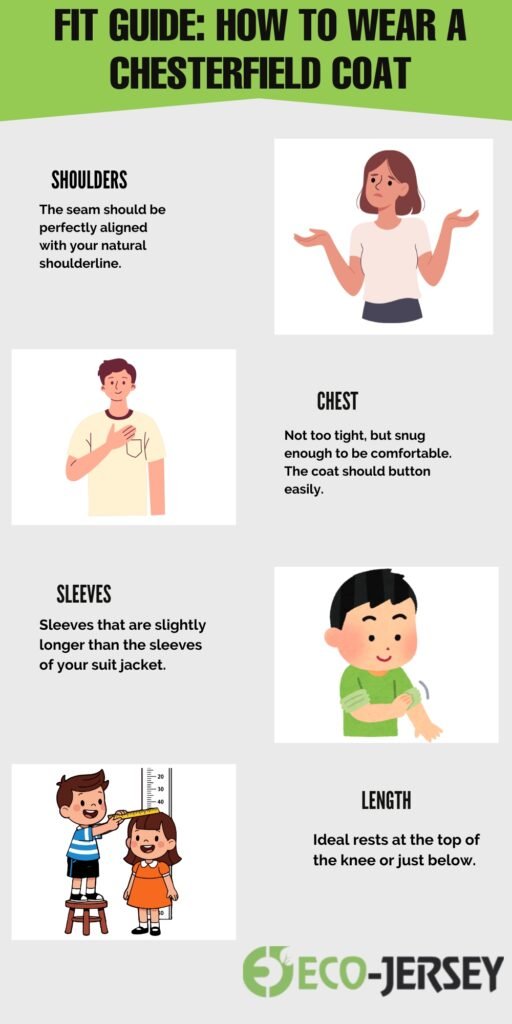 Infographic titled ‘Fit Guide: How to Wear a Chesterfield Coat’ with sections for Shoulders, Chest, Sleeves, and Length, and simple cartoon illustrations.