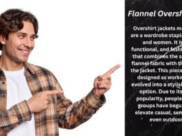 Flannel Overshirt Jacket for Warmth, Comfort, and Daily Style Young man wearing a brown plaid flannel shirt pointing to the right with a white t‑shirt underneath, against a split white and black textured background.