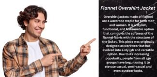 Flannel Overshirt Jacket for Warmth, Comfort, and Daily Style Young man wearing a brown plaid flannel shirt pointing to the right with a white t‑shirt underneath, against a split white and black textured background.