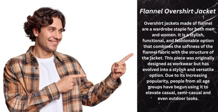 Young man wearing a brown plaid flannel shirt pointing to the right with a white t‑shirt underneath, against a split white and black textured background.