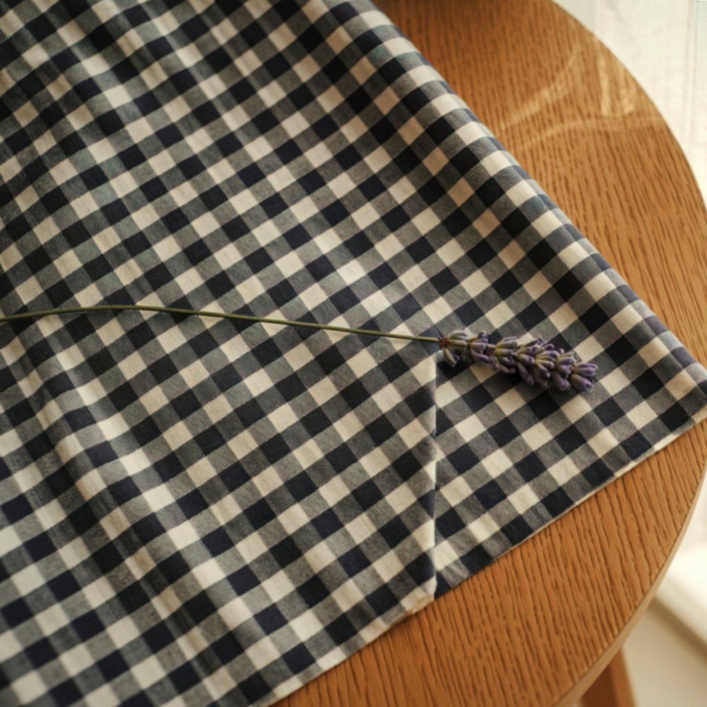  A single lavender sprig lies diagonally across a navy and white gingham tablecloth, which covers a round wooden table.