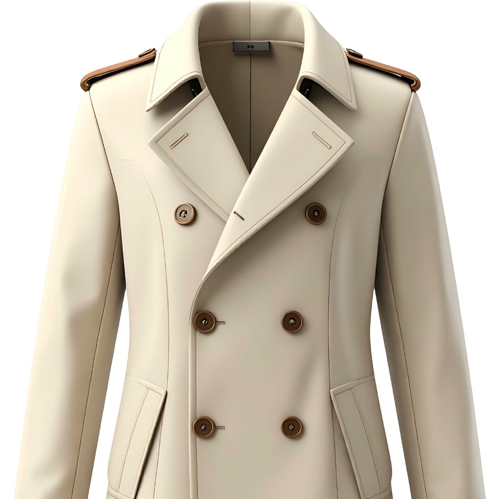 A beige double-breasted guard’s coat with wide lapels, brown buttons, and shoulder epaulettes.