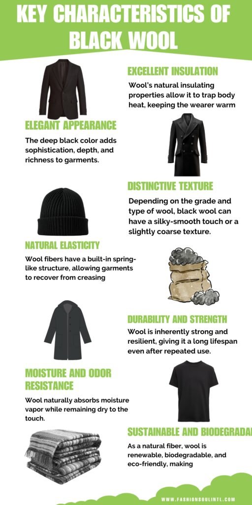 Infographic titled 'Key Characteristics of Black Wool' with illustrations of a blazer, hat, coat, wool yarn, folded textiles, and a T-shirt, and green section headings such as Excellent Insulation, Elegant Appearance, Natural Elasticity, Distinctive Texture, Durability and Strength, Moisture and Odor Resistance, and Sustainable and Biodegradable.