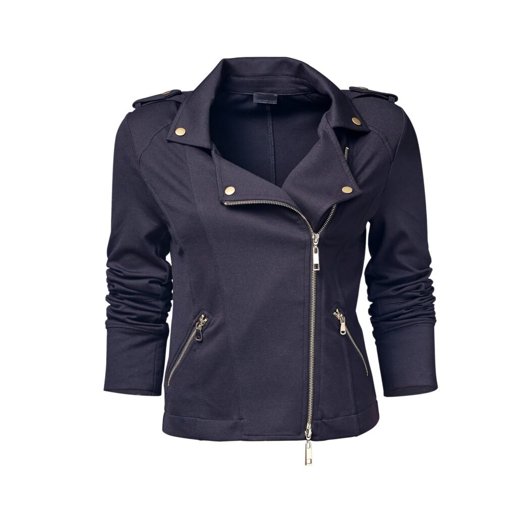 Moto Biker Jacket: Sleek Style with Modern Road Attitude Moto 10 A navy motorbike jacket with an asymmetrical front zipper, gold-tone hardware, zippered pockets, and epaulettes. The sleeves are ruched, and the jacket has a structured, fitted silhouette.