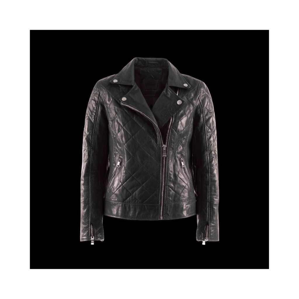 Moto Biker Jacket: Sleek Style with Modern Road Attitude Moto 9 A black quilted leather biker jacket with silver zippers and snap buttons, displayed against a black background