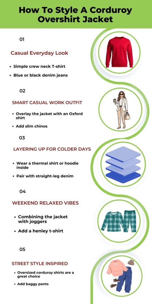An infographic titled ‘How To Style A Corduroy Overshirt Jacket’ showing five style steps with small circular illustrations: (01) Casual Everyday Look, (02) Smart Casual Work Outfit, (03) Layering Up For Colder Days, (04) Weekend Relaxed Vibes, (05) Street Style Inspired, each with bullet points describing suggested outfits.