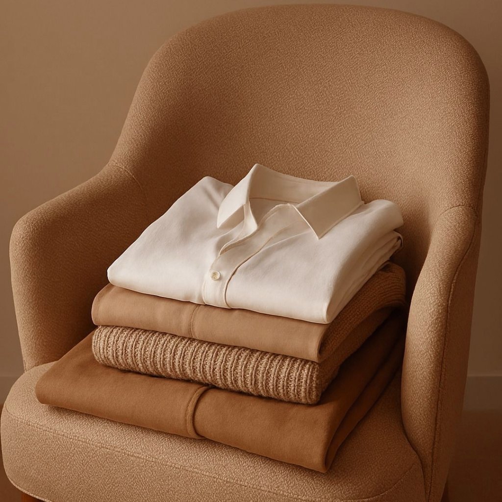 A stack of neatly folded neutral-toned clothes (white shirt on top, followed by beige and tan garments) sits on a soft, camel-colored upholstered armchair.