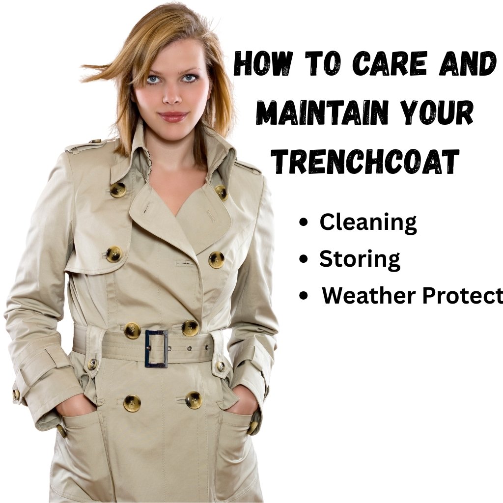 A woman wearing a beige trench coat with hands in pockets, standing next to bold, black text that reads “HOW TO CARE AND MAINTAIN YOUR TRENCHCOAT” followed by bullet points: “Cleaning,” “Storing,” an