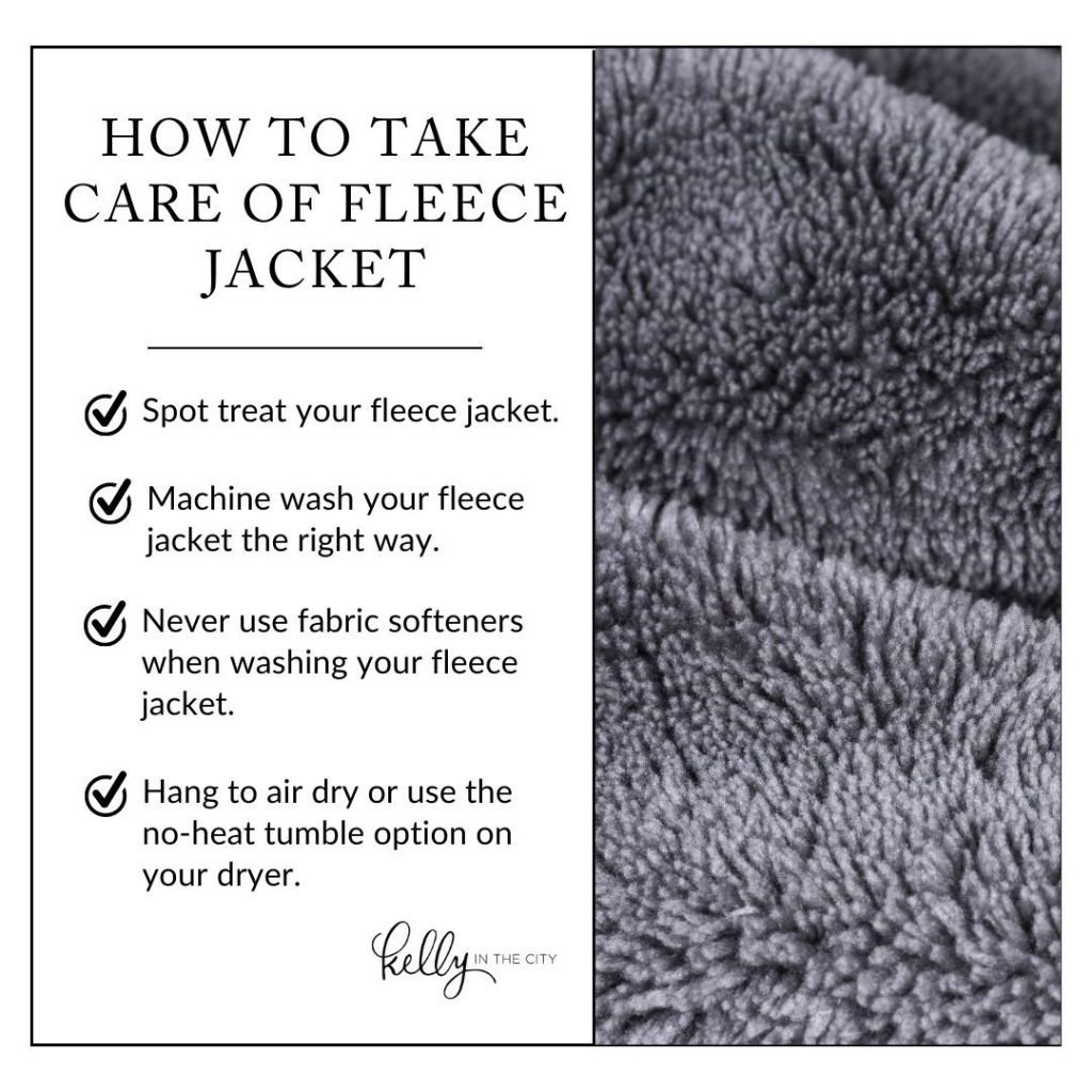 A split infographic with left side containing the title “HOW TO TAKE CARE OF FLEECE JACKET” and a bulleted checklist, and a right side showing a close-up photo of grey fleece fabric.