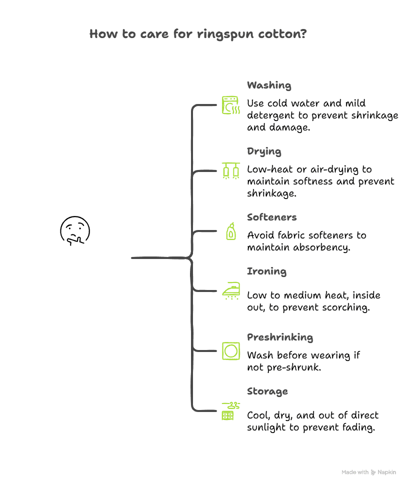 Visual guide on how to care for ringspun cotton.