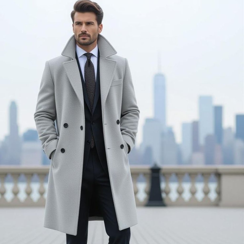 Topcoat Jackets Stylish Outerwear for a Sharp Seasonal Look 17 A man stands outdoors on a city promenade wearing a light gray overcoat, a dark suit, and a tie, with a blurred urban skyline in the background.