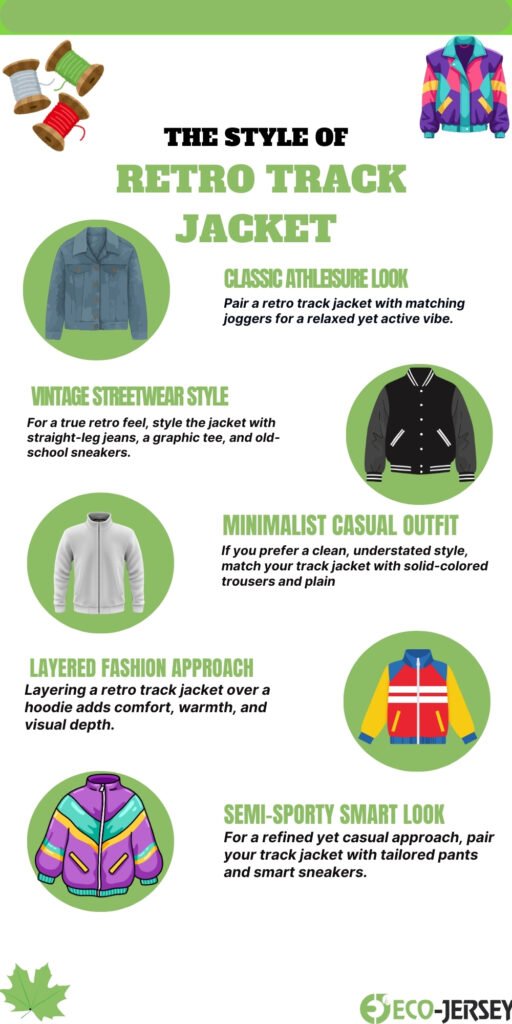 A collage-style infographic about retro track jackets, featuring six circular images of jackets and patchwork graphics with sewing spools and leaves, plus bold green titles: “The Style of Retro Track Jacket” and sections for Classic Athleisure, Vintage Streetwear Style, Minimalist Casual Outfit, Layered Fashion Approach, and Semi-Sporty Smart Look.