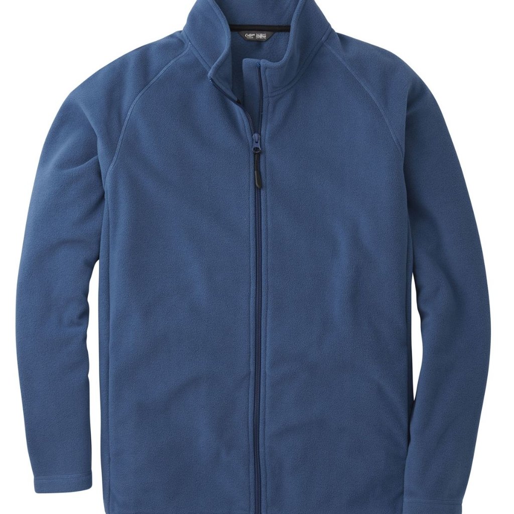 Blue full-zip fleece jacket with stand-up collar and zippered front, front view