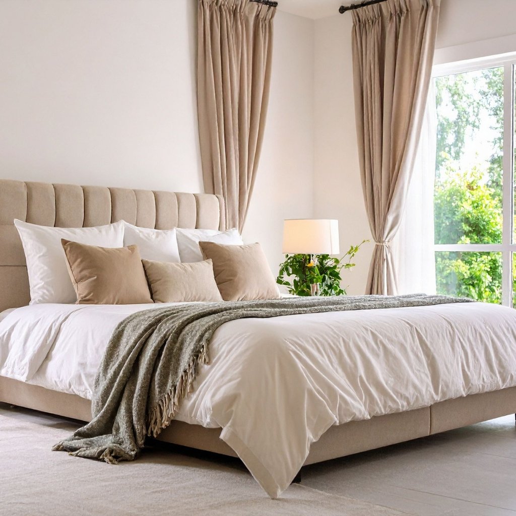 A bright, neutral-toned bedroom with a large upholstered bed, beige headboard, white bedding, and beige cushions. Beige curtains frame a large window with greenery outside; a small nightstand with a lamp and a plant sits beside the bed. A gray throw blanket drapes over the foot of the bed.