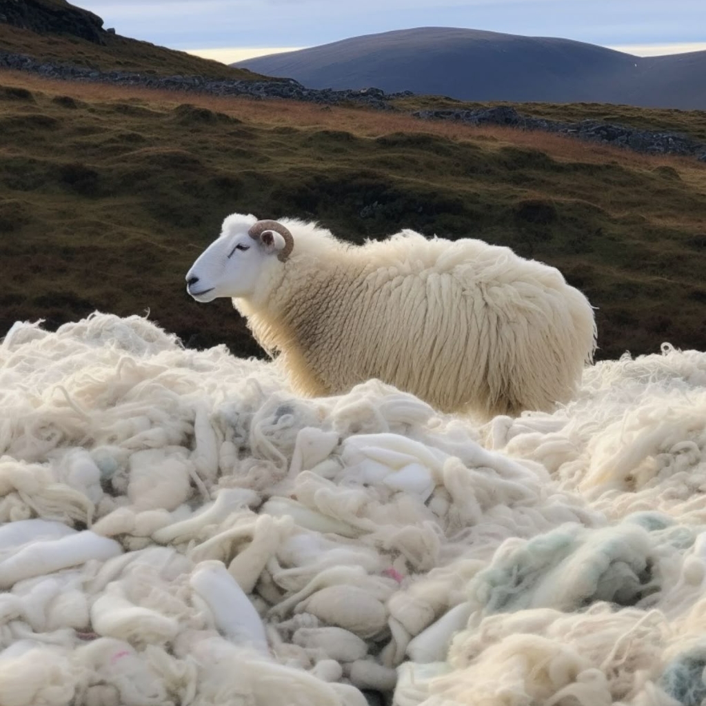 A fluffy white Merino sheep standing on a pile of soft wool in a moorland landscape, with rolling hills in the distance.