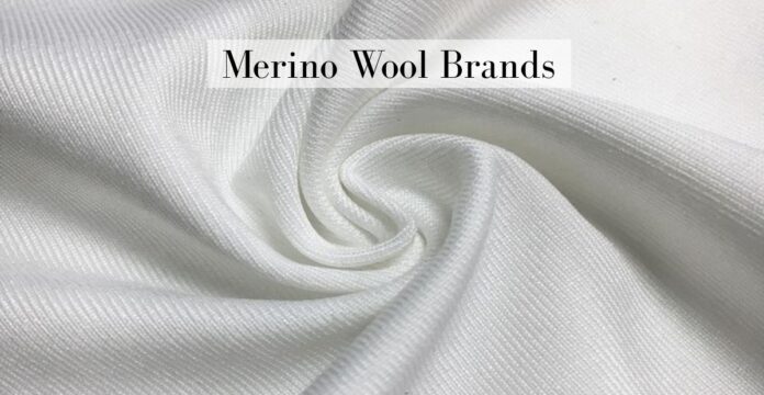 Close-up of white Merino wool fabric with soft folds; text overlay reads 'Merino Wool Brands'.