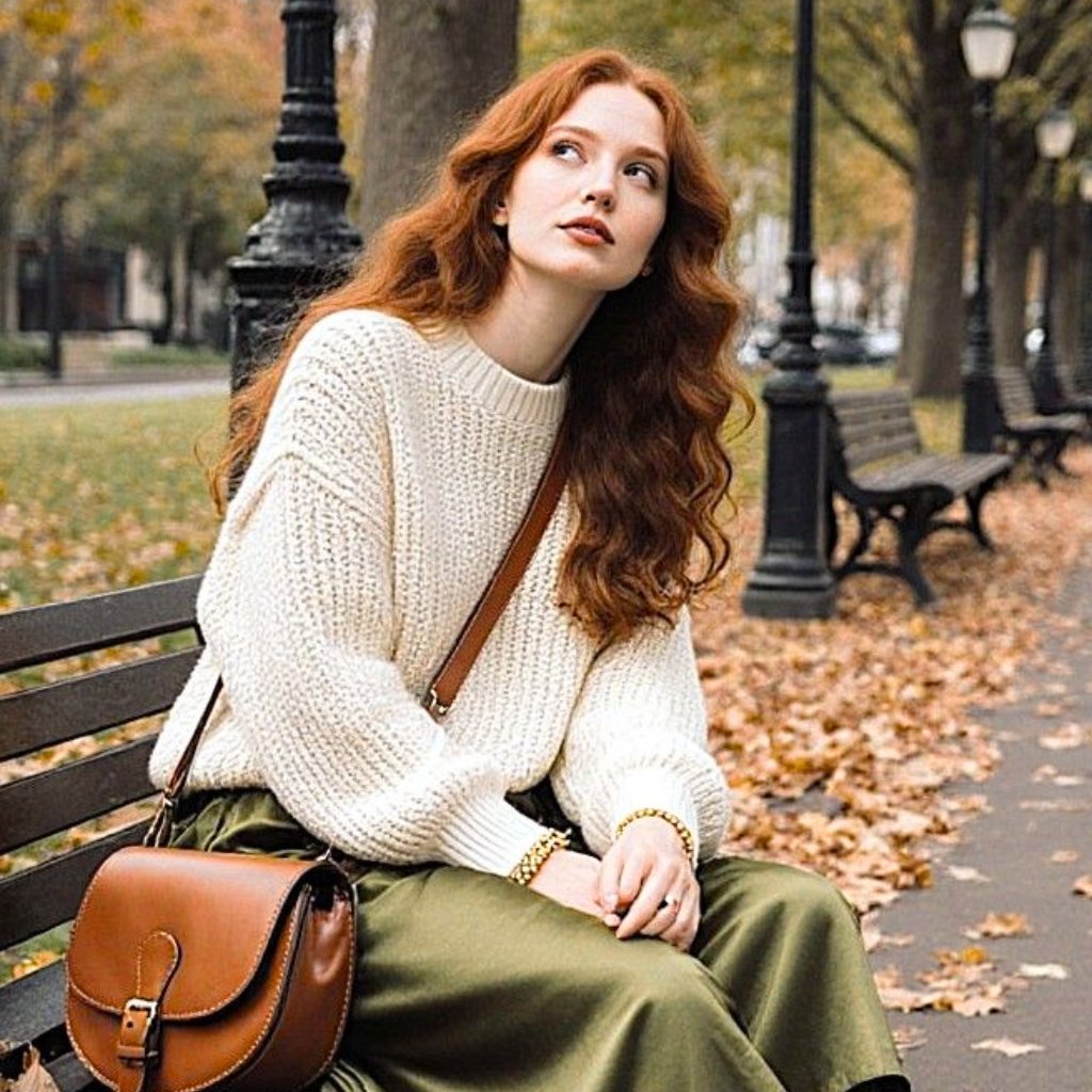 A woman with long wavy red hair sits on a park bench in autumn, wearing a chunky cream sweater and olive green skirt, with a brown crossbody bag. Fallen leaves cover the ground and trees line a brick path in the background.