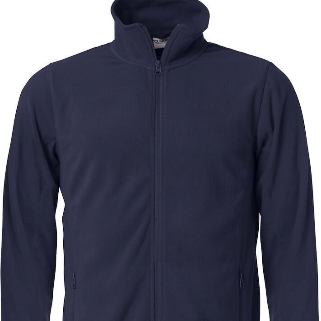 Navy blue zip-up jacket with a stand collar, full front zipper, and side zipper pockets. Lightweight, minimalistic design