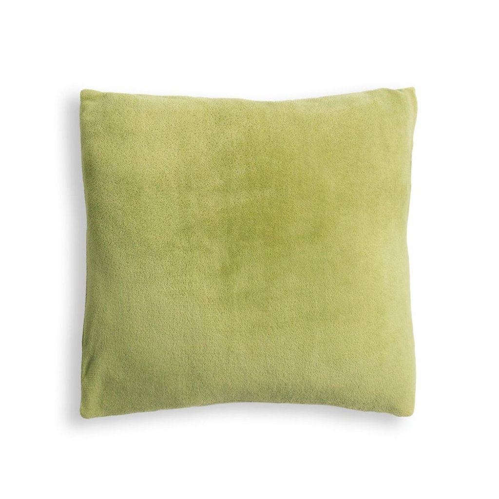 Emerald-green square throw pillow with soft, plush fabric on a white background