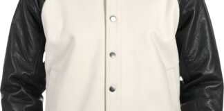 Modern Field Leather Jacket: Fresh Urban Look with Function Close-up view of a light beige leather jacket with a front zipper, zippered chest pockets, and stitched panels.