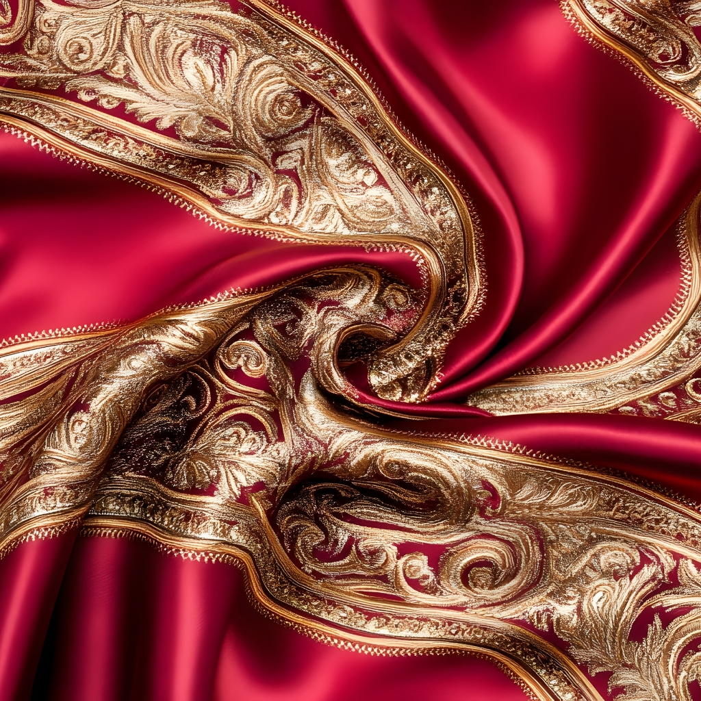 Luxurious red satin fabric with ornate gold embroidery along the edges, draped in elegant folds.