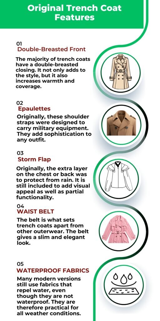 Infographic titled ‘Original Trench Coat Features’ listing five features with circular images: Double-Breasted Front, Epaulets, Storm Flap, Waist Belt, and Waterproof Fabrics, each with a brief description.