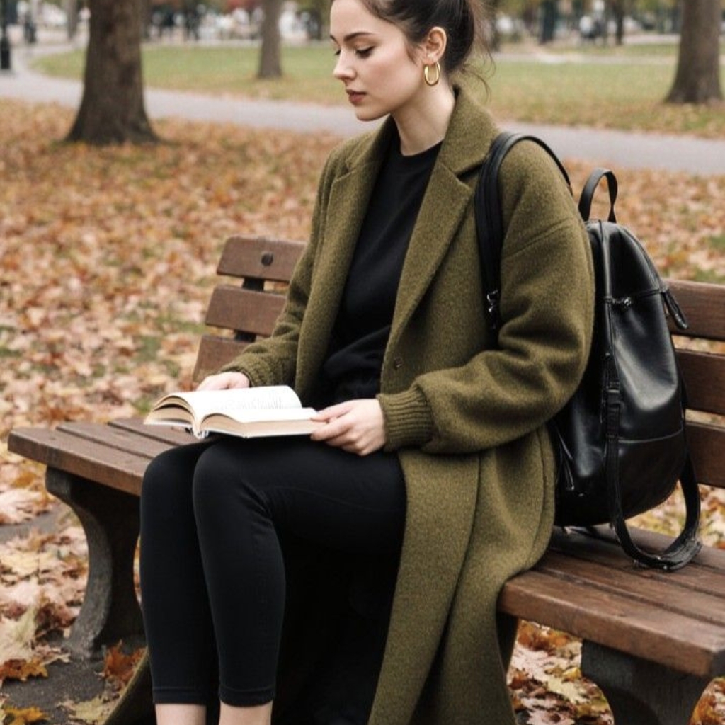 A stylish young woman sits on a wooden park bench reading a book. She wears a knee-length olive green coat over a black outfit, black leggings, and gold hoop earrings. A black backpack rests beside her as fallen autumn leaves cover the ground.