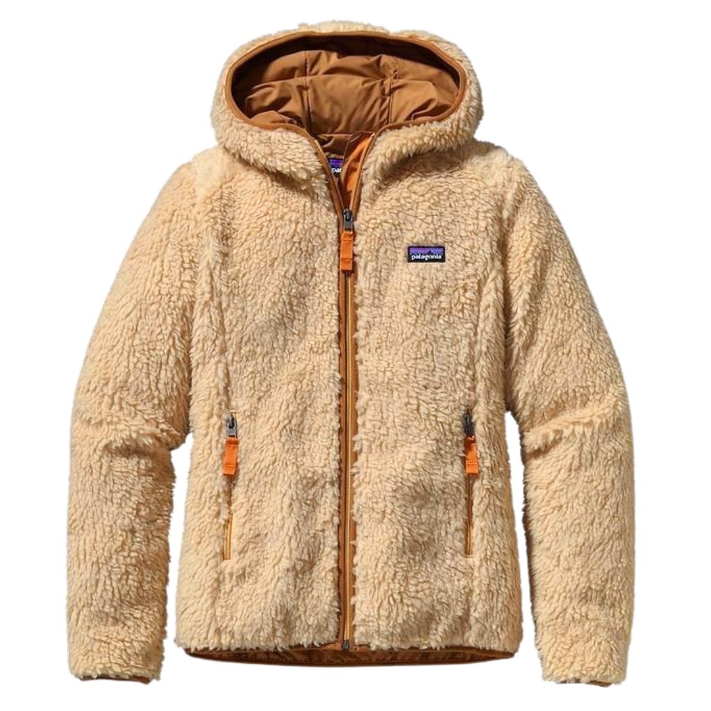 Beige tan fleece jacket with a fluffy sherpa texture, hood, and orange-brown zipper details. Small Patagonia logo on the left chest. Patagonia – Ethical Performance with Purpose
