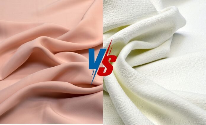 A split image comparing two fabrics: soft pink rayon on the left with draped folds, and white cotton on the right with a textured weave.