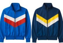Best Retro Track Jackets: Styles That Never Go Out of Trend. Two jackets side by side: left jacket is bright blue with a red and white chevron stripe, right jacket is dark blue with a yellow and white chevron stripe. Retro Track Jackets