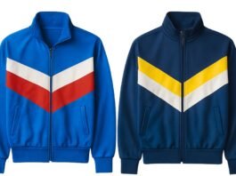 Two jackets side by side: left jacket is bright blue with a red and white chevron stripe, right jacket is dark blue with a yellow and white chevron stripe. Retro Track Jackets