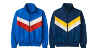 Best Retro Track Jackets: Styles That Never Go Out of Trend. Two jackets side by side: left jacket is bright blue with a red and white chevron stripe, right jacket is dark blue with a yellow and white chevron stripe. Retro Track Jackets