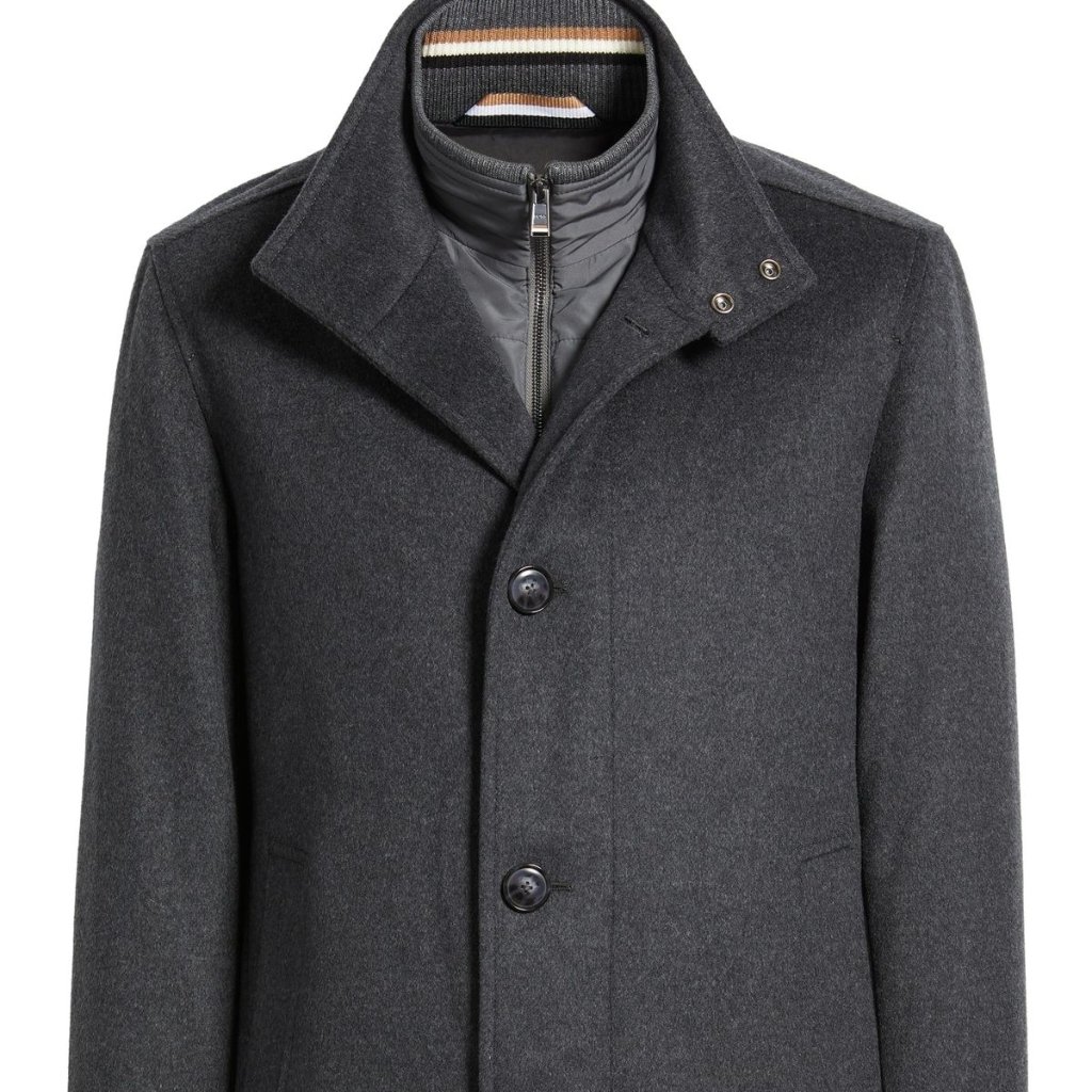 Topcoat Jackets Stylish Outerwear for a Sharp Seasonal Look 16 charcoal gray wool overcoat with a high collar and leather-like inner lining, shown buttoned up.