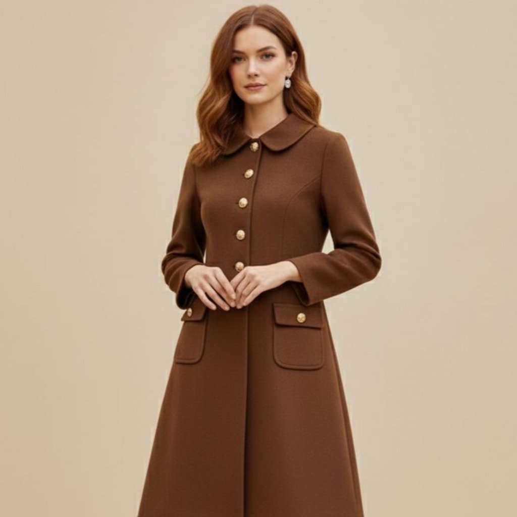 Woman wearing a brown long coat with gold buttons and large front pockets, standing against a neutral beige background.
