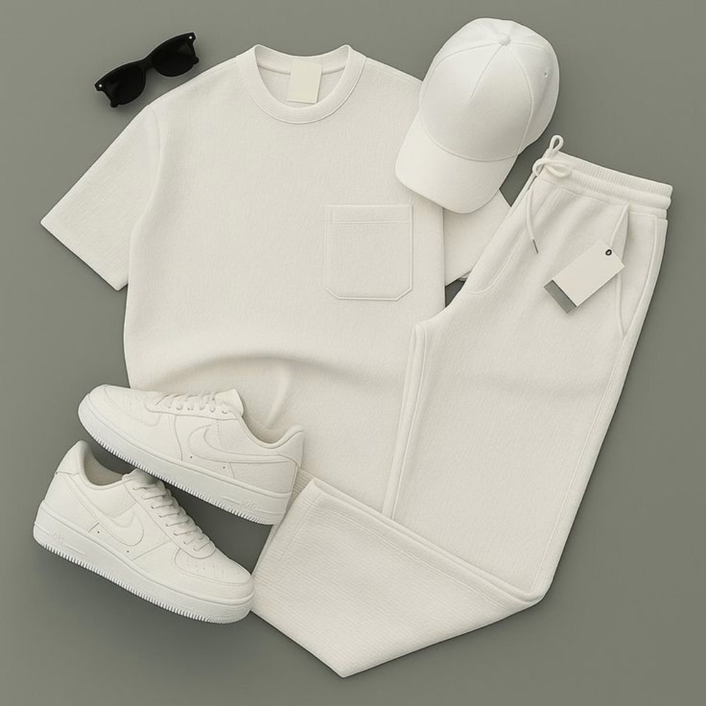 A flat lay of an all-white casual outfit, including a white T-shirt with a front pocket, white sweatpants with a tag, white sneakers, a white baseball cap, and black sunglasses on a muted green background.