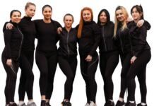 Streetwear Track Jacket: Your Ultimate Guide to Urban Style. Group of nine women standing close together, wearing black athletic outfits, against a white background. Streetwear Track Jacket