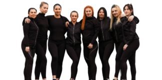 Streetwear Track Jacket: Your Ultimate Guide to Urban Style. Group of nine women standing close together, wearing black athletic outfits, against a white background. Streetwear Track Jacket