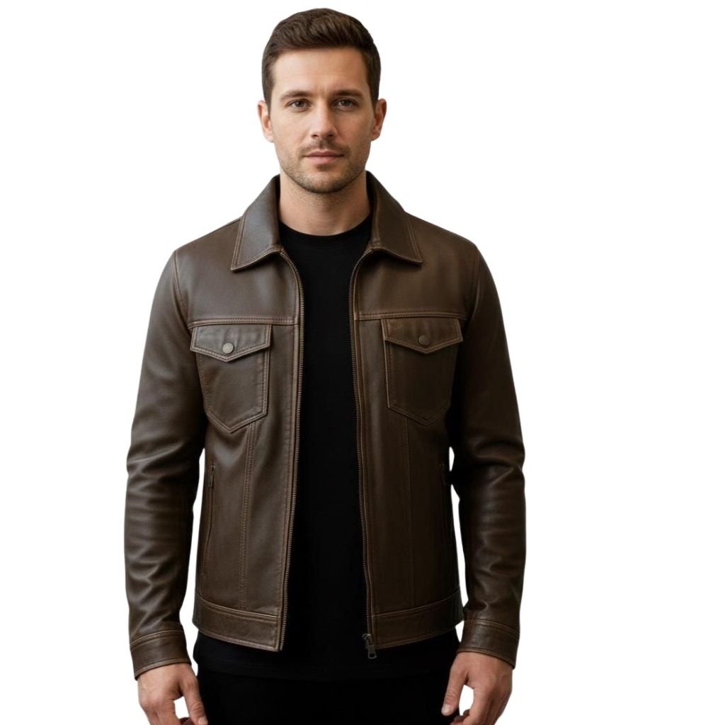 Modern Field Leather Jacket: Fresh Urban Look with Function 6 A man wearing a brown leather field jacket with a zip front, two chest flap pockets, and a black shirt underneath, standing against a white background.