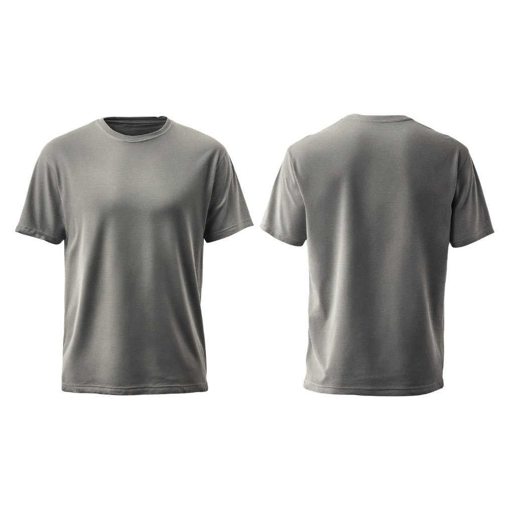 Grey short-sleeve crew-neck T-shirt shown from the front and back, plain design, no logos.