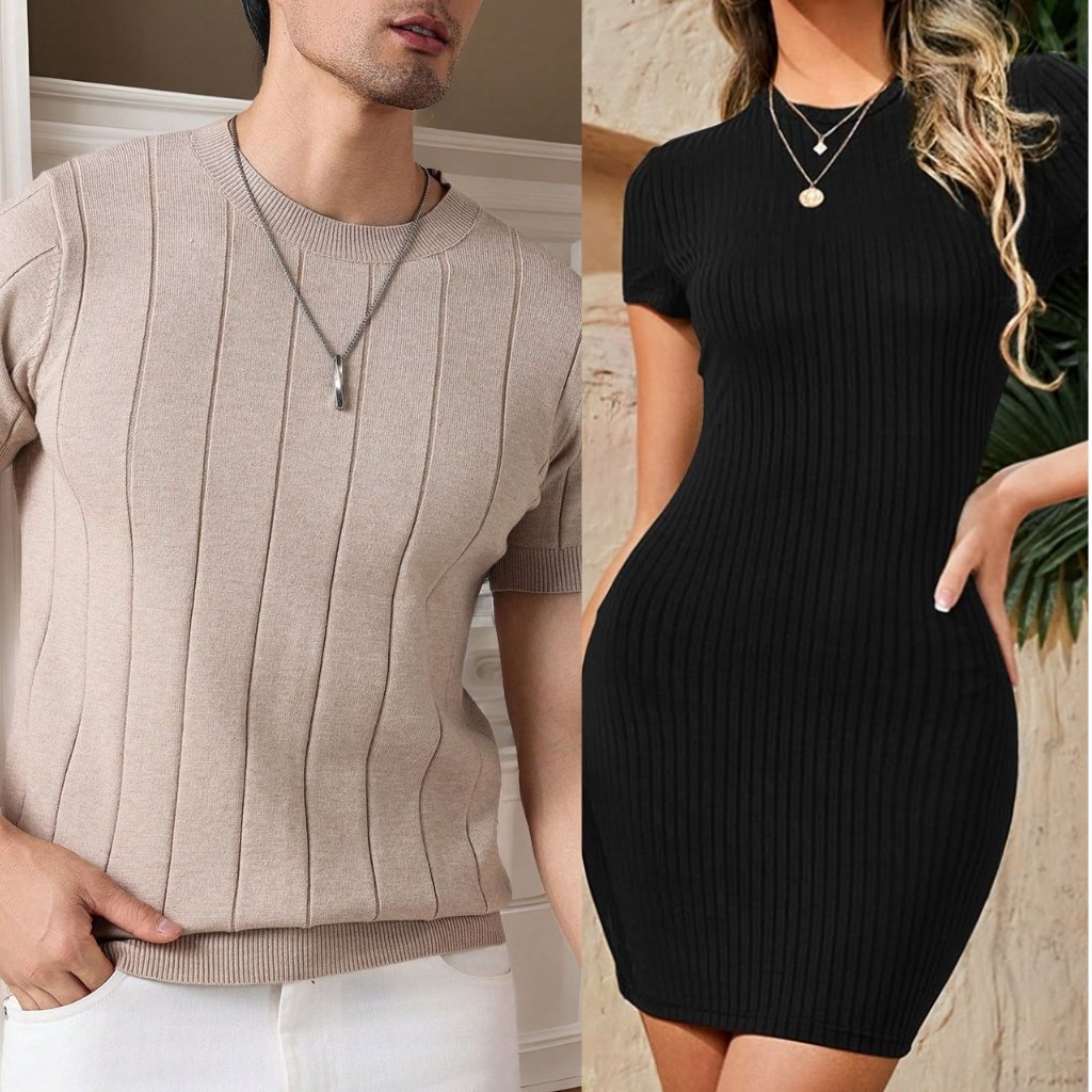 A split-image showing a man wearing a beige ribbed knit short-sleeve sweater with a silver pendant necklace on the left, and a woman in a black ribbed knit bodycon dress with layered necklaces on the right
