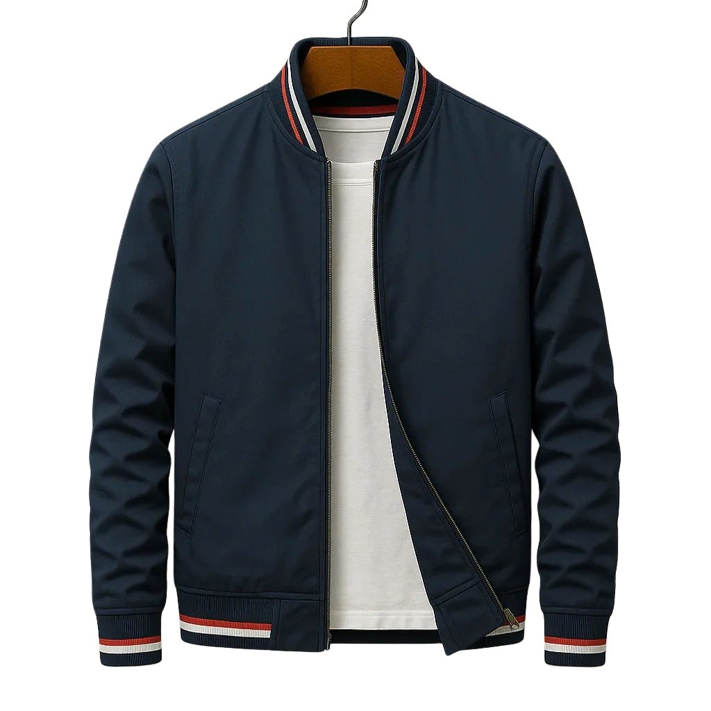 Navy bomber jacket on a hanger, front view, with striped ribbing at the cuffs and hem, and a zipper front. White T-shirt peeks from underneath.