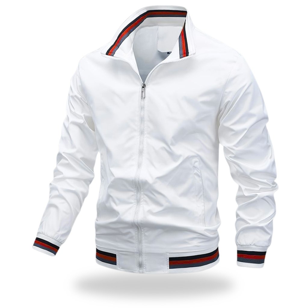 A white zip-up jacket with a striped collar and cuffs featuring red, black, and gray accents; the jacket has side pockets and a fitted design.