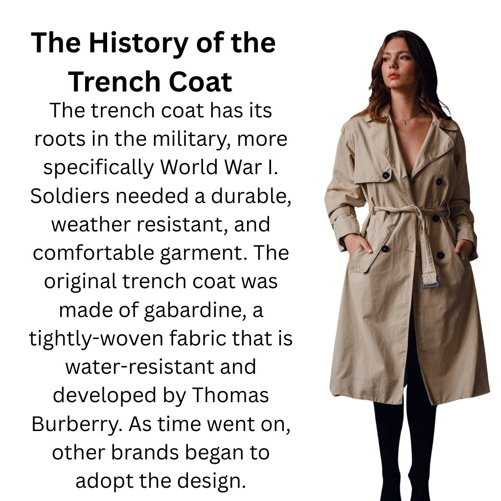 A woman wearing a beige trench coat standing to the right of a block of large black text about the history of the trench coat.